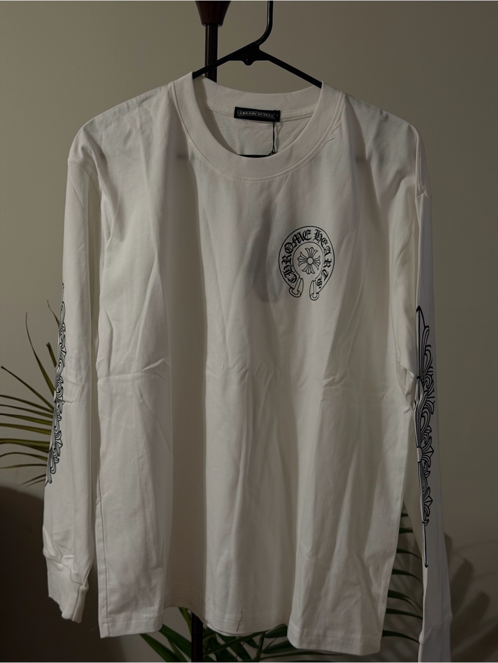 Chrome Hearts White Long Sleeve Graphic Tee with Black Sleeve Prints